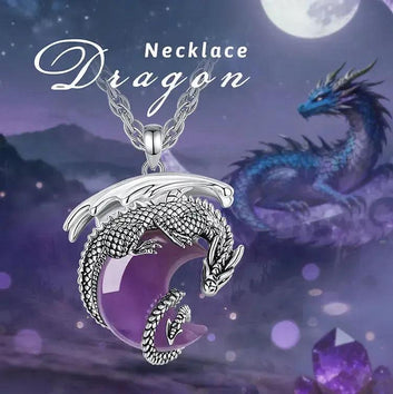 925 Silver Dragon Crescent Moon Natural Amethyst Necklace Healing Crystal Stone Pendant Spiritual Jewelry-MoonChildWorld