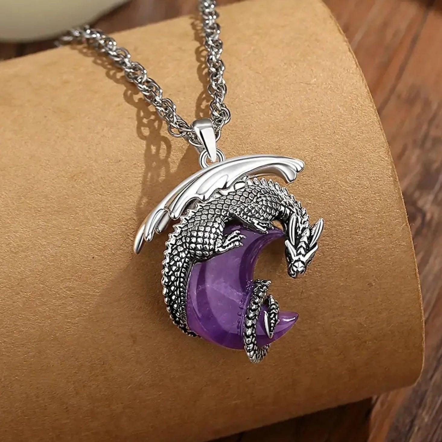 925 Silver Dragon Crescent Moon Natural Amethyst Necklace Healing Crystal Stone Pendant Spiritual Jewelry-MoonChildWorld