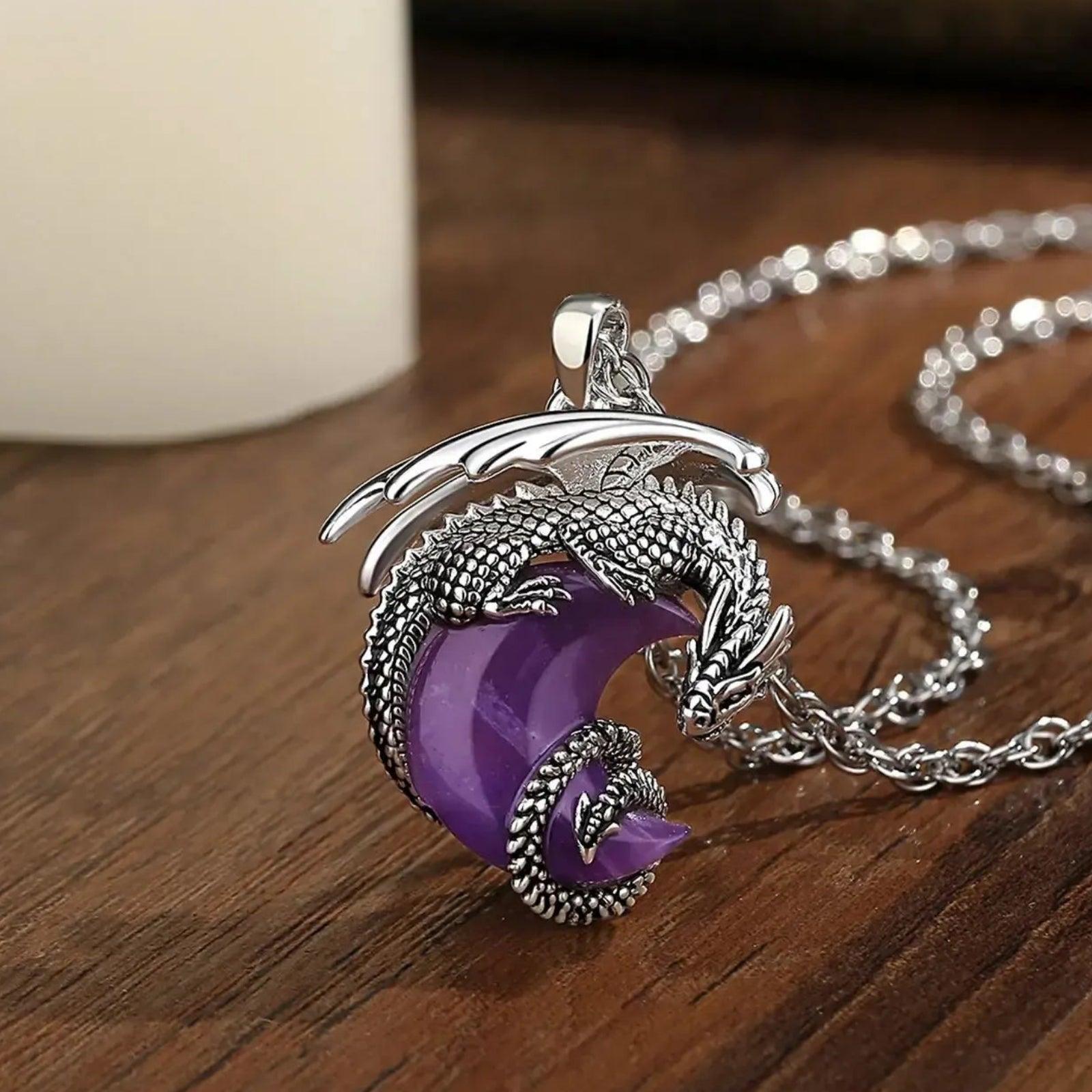 925 Silver Dragon Crescent Moon Natural Amethyst Necklace Healing Crystal Stone Pendant Spiritual Jewelry-MoonChildWorld