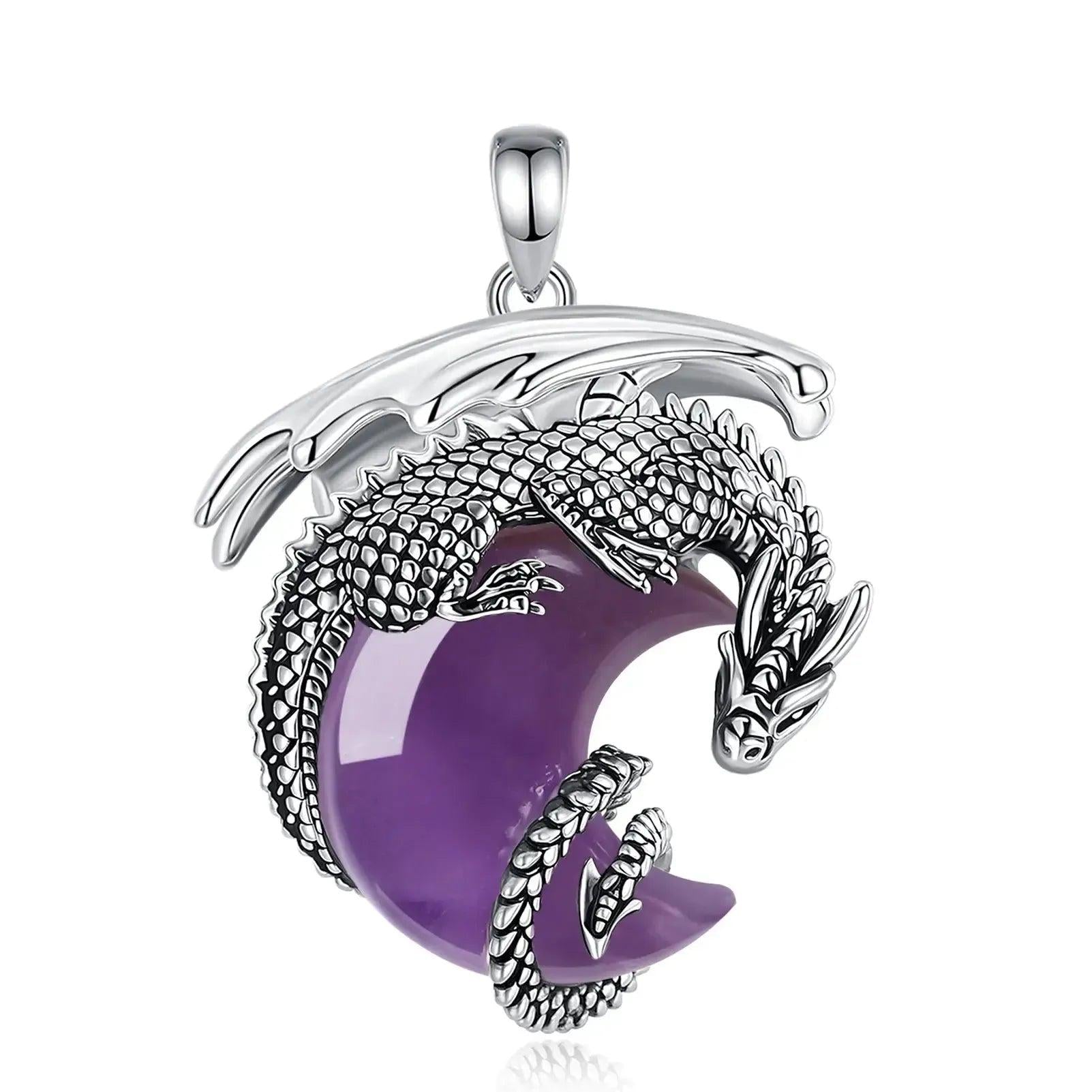 925 Silver Dragon Crescent Moon Natural Amethyst Necklace Healing Crystal Stone Pendant Spiritual Jewelry-MoonChildWorld