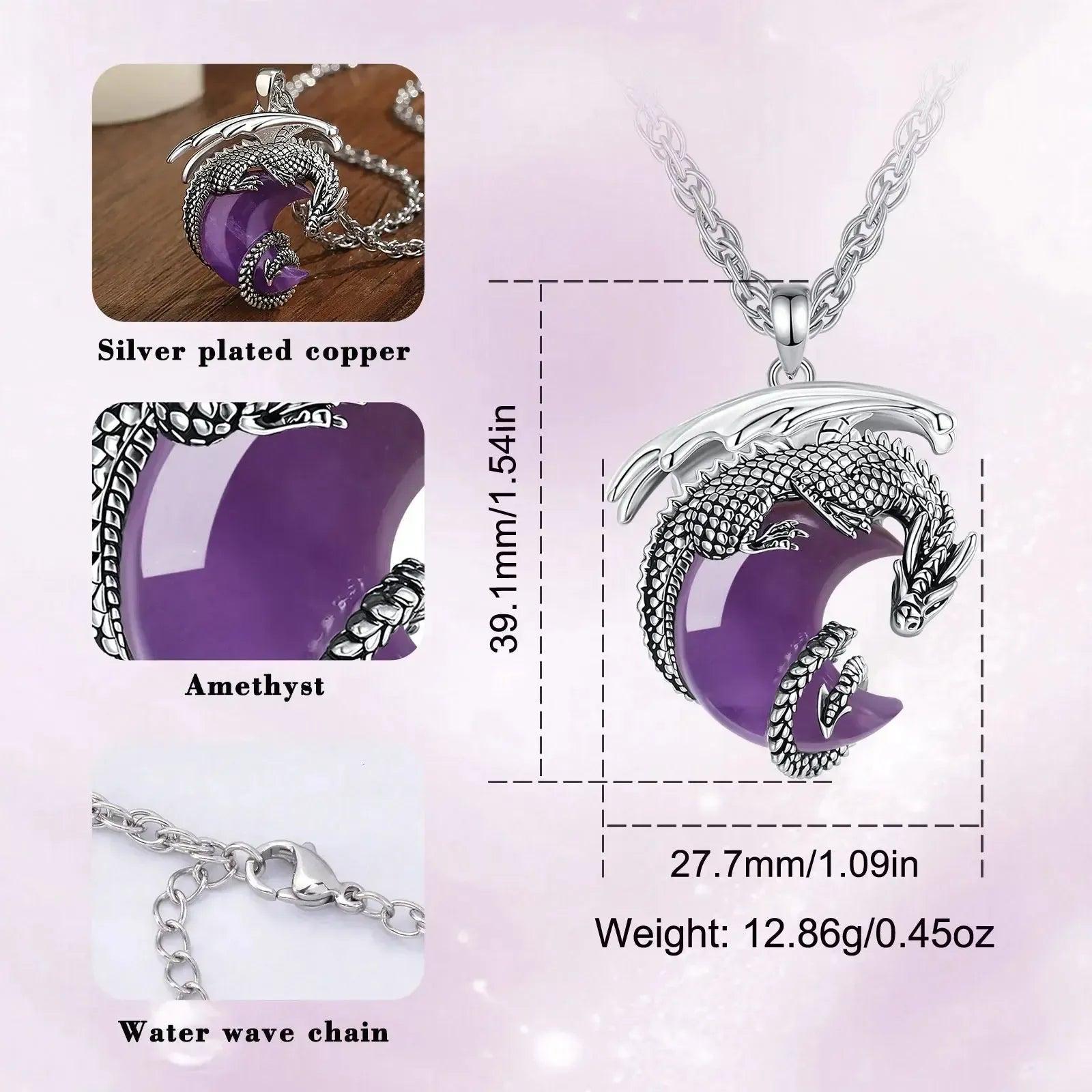 925 Silver Dragon Crescent Moon Natural Amethyst Necklace Healing Crystal Stone Pendant Spiritual Jewelry-MoonChildWorld