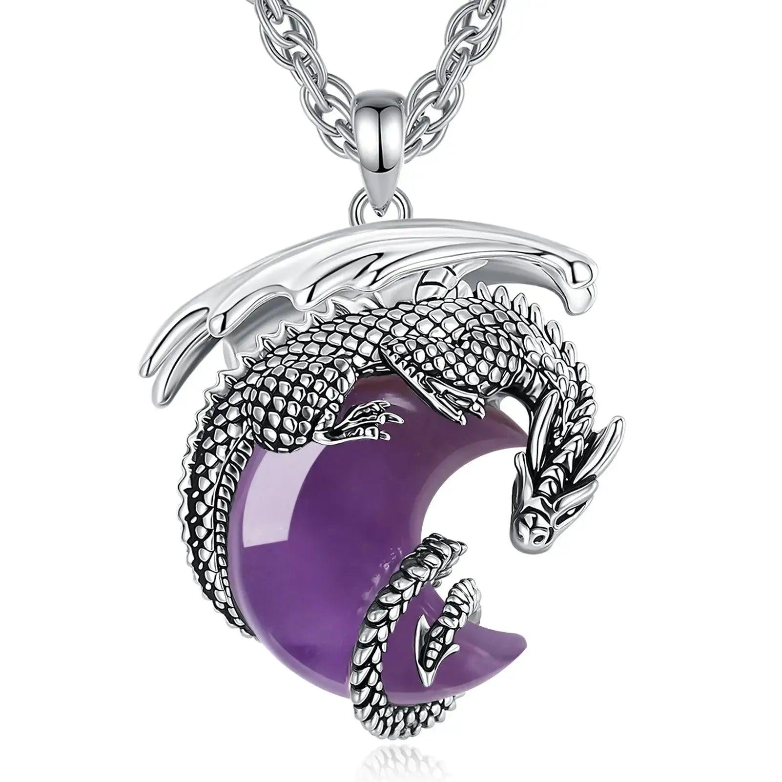 925 Silver Dragon Crescent Moon Natural Amethyst Necklace Healing Crystal Stone Pendant Spiritual Jewelry-MoonChildWorld