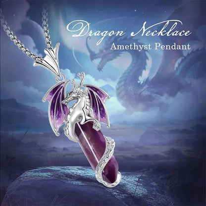 925 Silver Flying Dragon Natural Stone Amethyst Necklace Spiritual Pagan Jewelry-MoonChildWorld