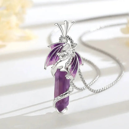 925 Silver Flying Dragon Natural Stone Amethyst Necklace Spiritual Pagan Jewelry-MoonChildWorld