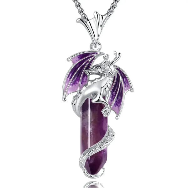 925 Silver Flying Dragon Natural Stone Amethyst Necklace Spiritual Pagan Jewelry-MoonChildWorld