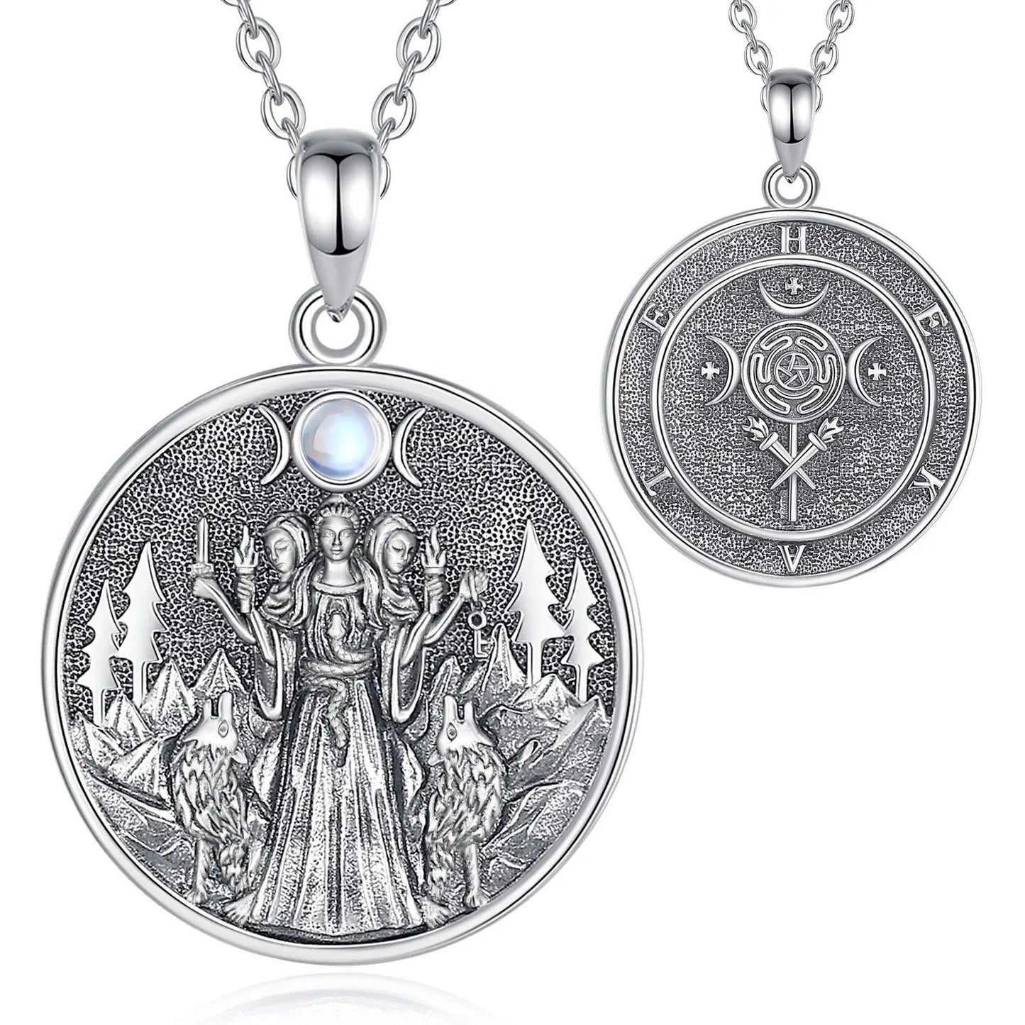 925 silver Wicca Triple Moon Goddess Hecate necklace with wolves and trees, front and back views.