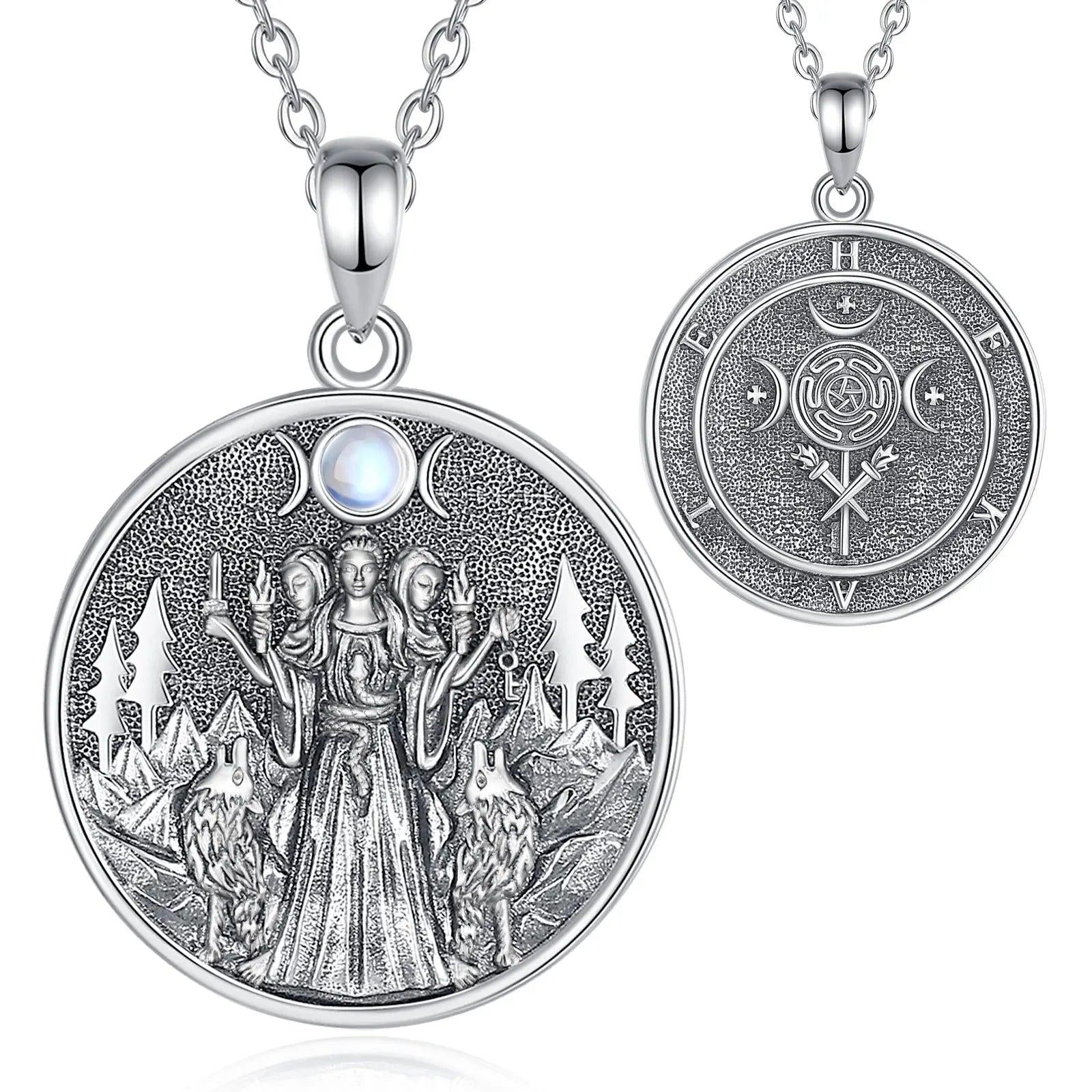 925 silver Wicca Triple Moon Goddess Hecate necklace with wolves and trees, front and back views.