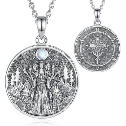 925 silver Wicca Triple Moon Goddess Hecate necklace with wolves and trees, front and back views.