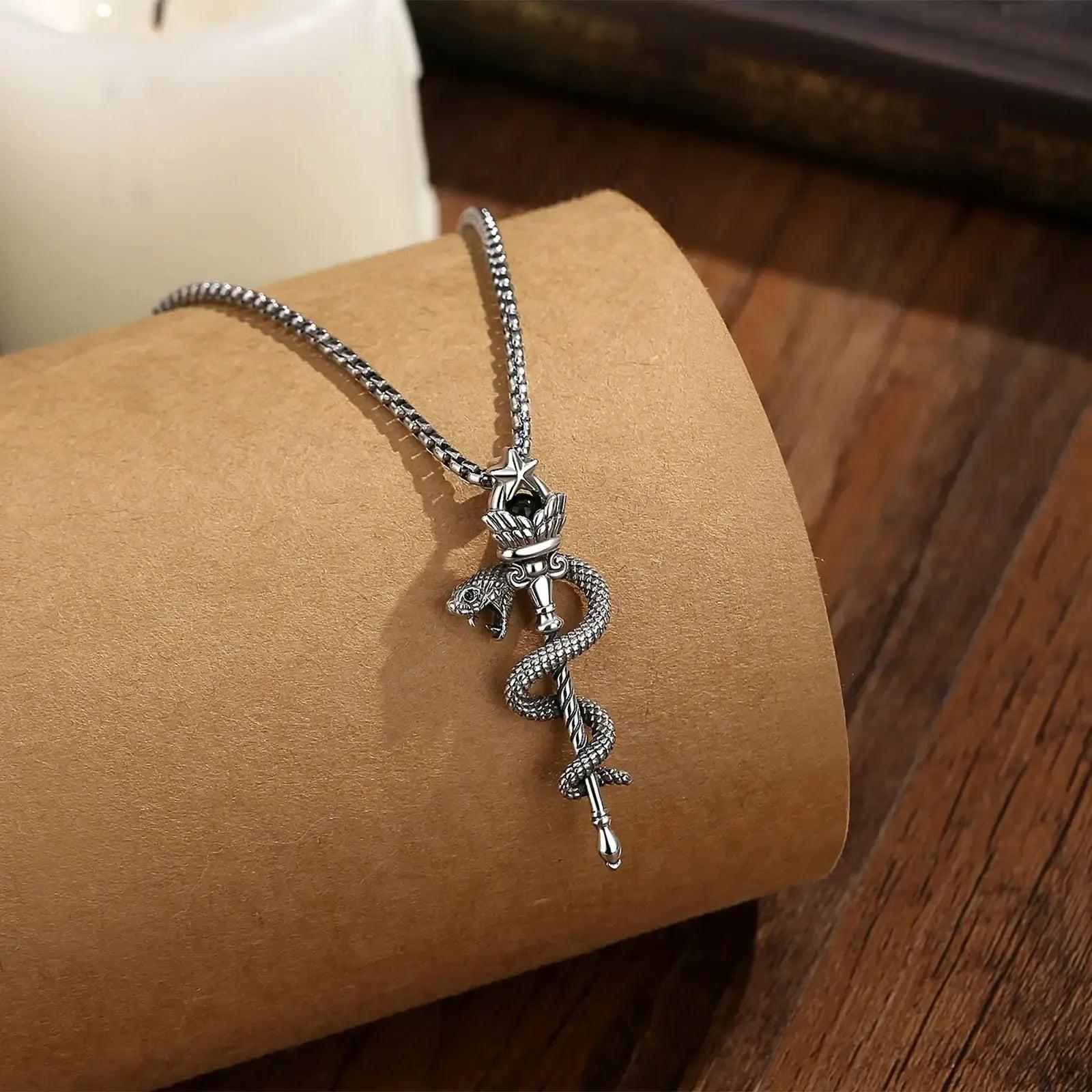 925 Silver Hecate Snake Torch Necklace Obsidian Pentagram Scepter Pendant Wicca Pagan Jewelry-MoonChildWorld