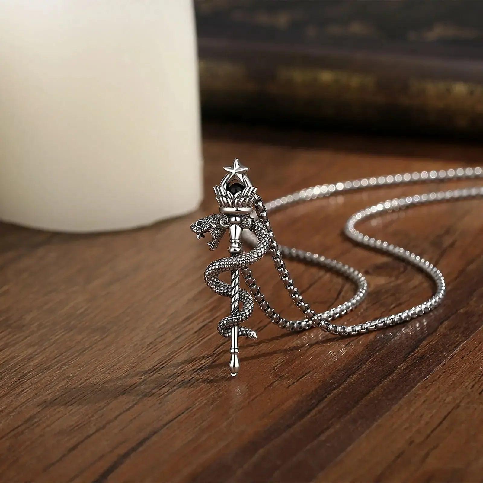 925 Silver Hecate Snake Torch Necklace Obsidian Pentagram Scepter Pendant Wicca Pagan Jewelry-MoonChildWorld