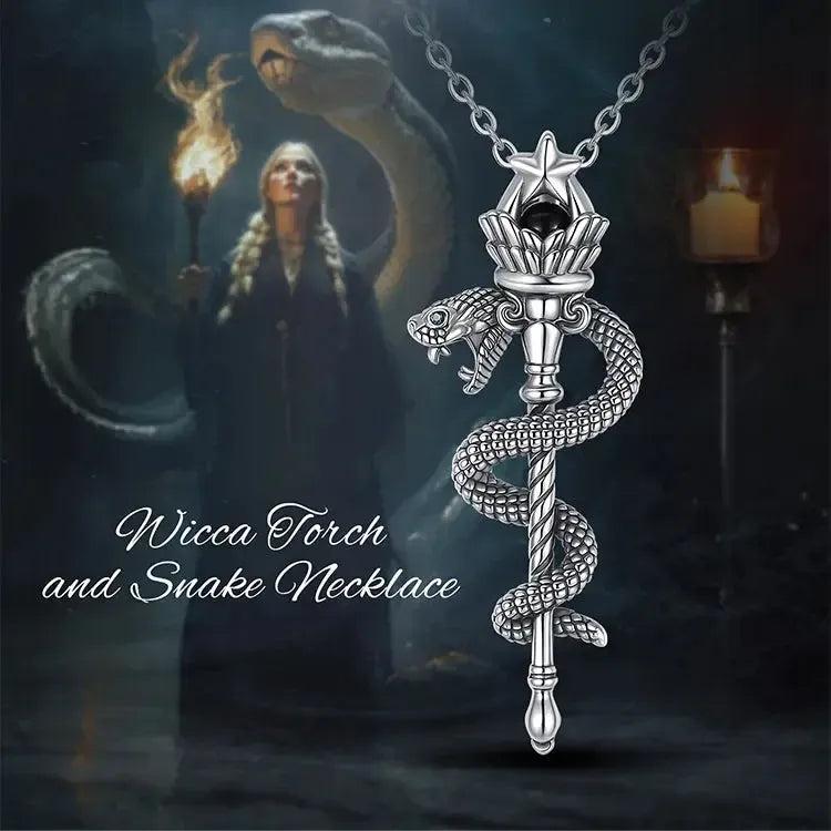 925 Silver Hecate Snake Torch Necklace Obsidian Pentagram Scepter Pendant Wicca Pagan Jewelry-MoonChildWorld