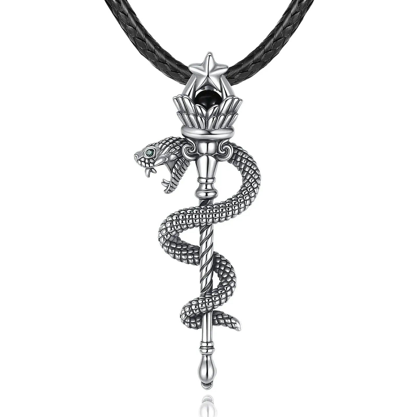 925 Silver Hecate Snake Torch Necklace Obsidian Pentagram Scepter Pendant Wicca Pagan Jewelry-MoonChildWorld