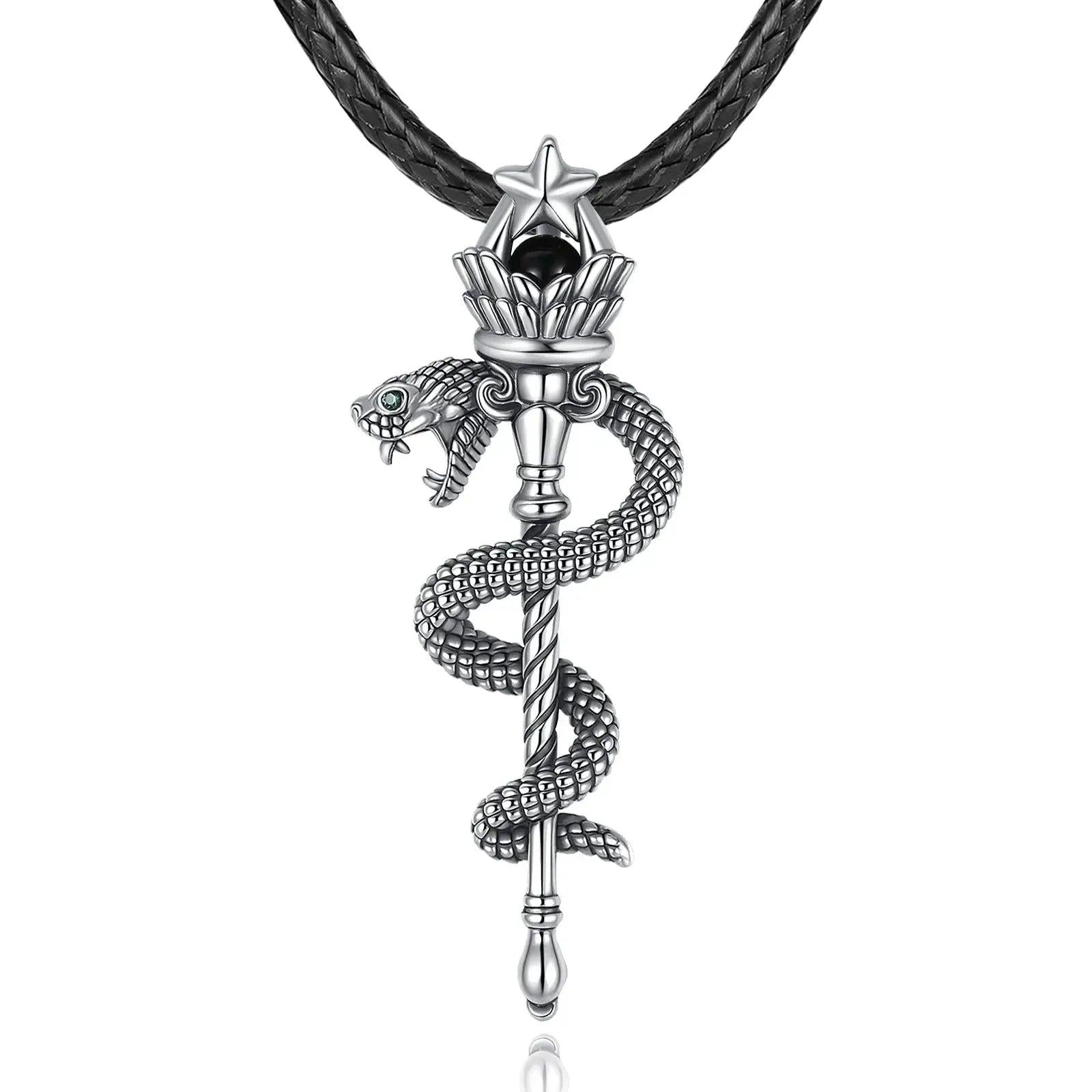 925 Silver Hecate Snake Torch Necklace Obsidian Pentagram Scepter Pendant Wicca Pagan Jewelry-MoonChildWorld