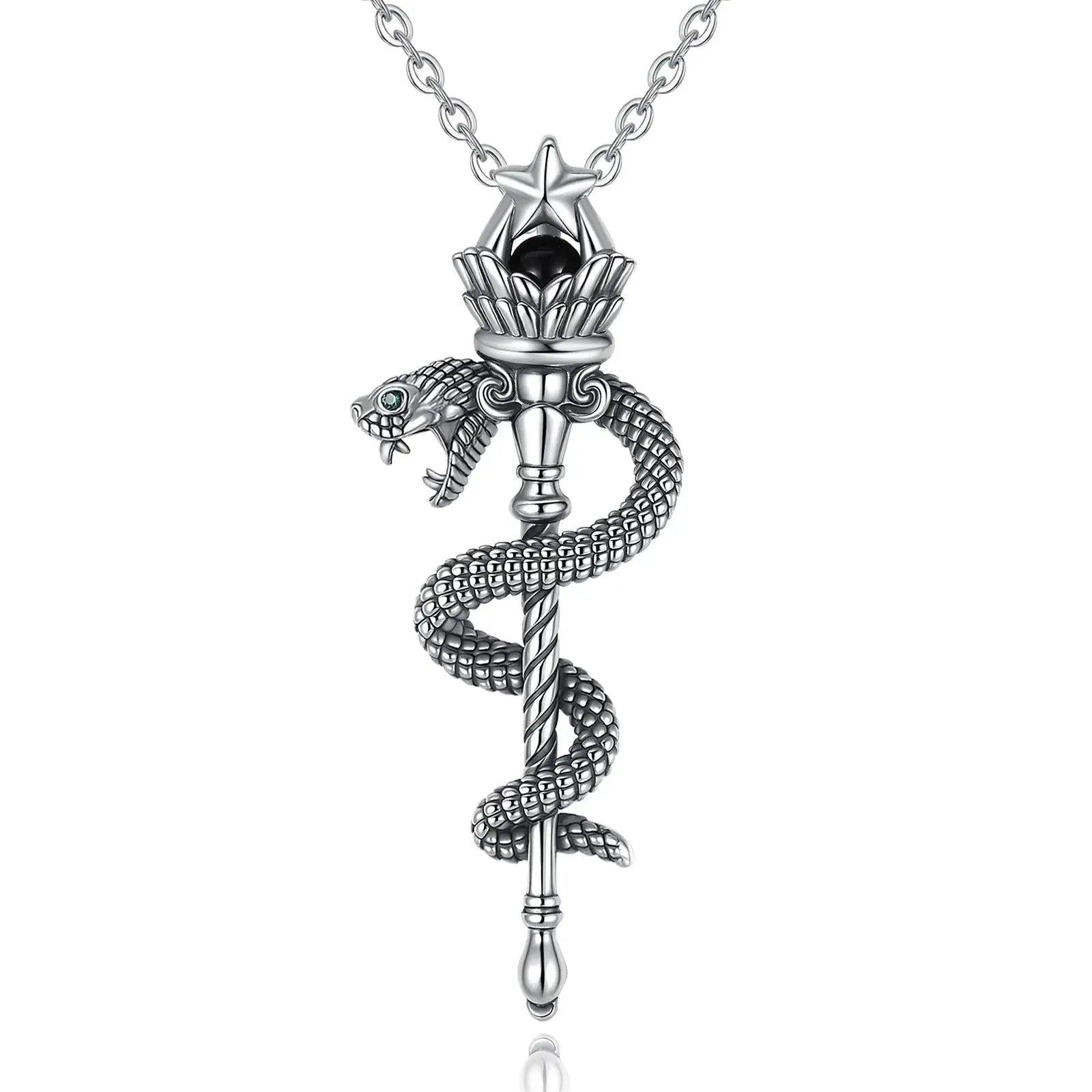 925 Silver Hecate Snake Torch Necklace Obsidian Pentagram Scepter Pendant Wicca Pagan Jewelry-MoonChildWorld