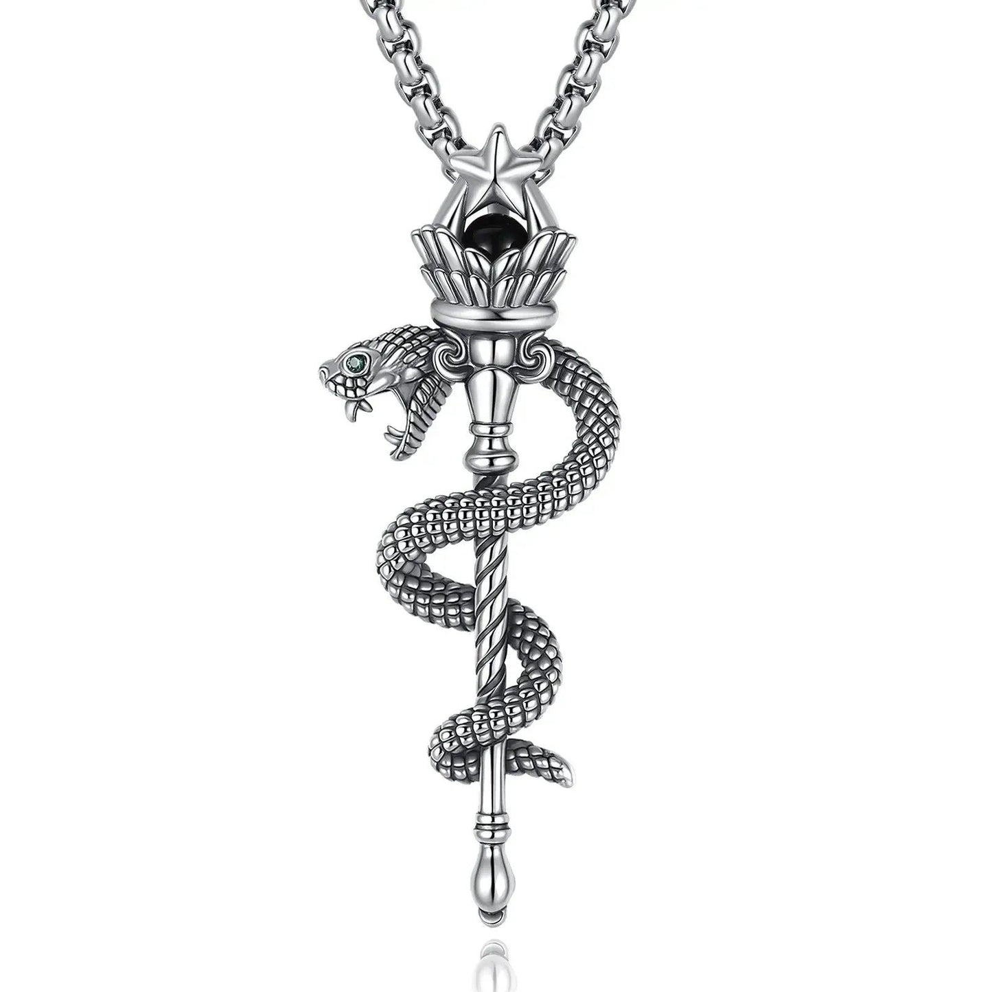 925 Silver Hecate Snake Torch Necklace Obsidian Pentagram Scepter Pendant Wicca Pagan Jewelry-MoonChildWorld