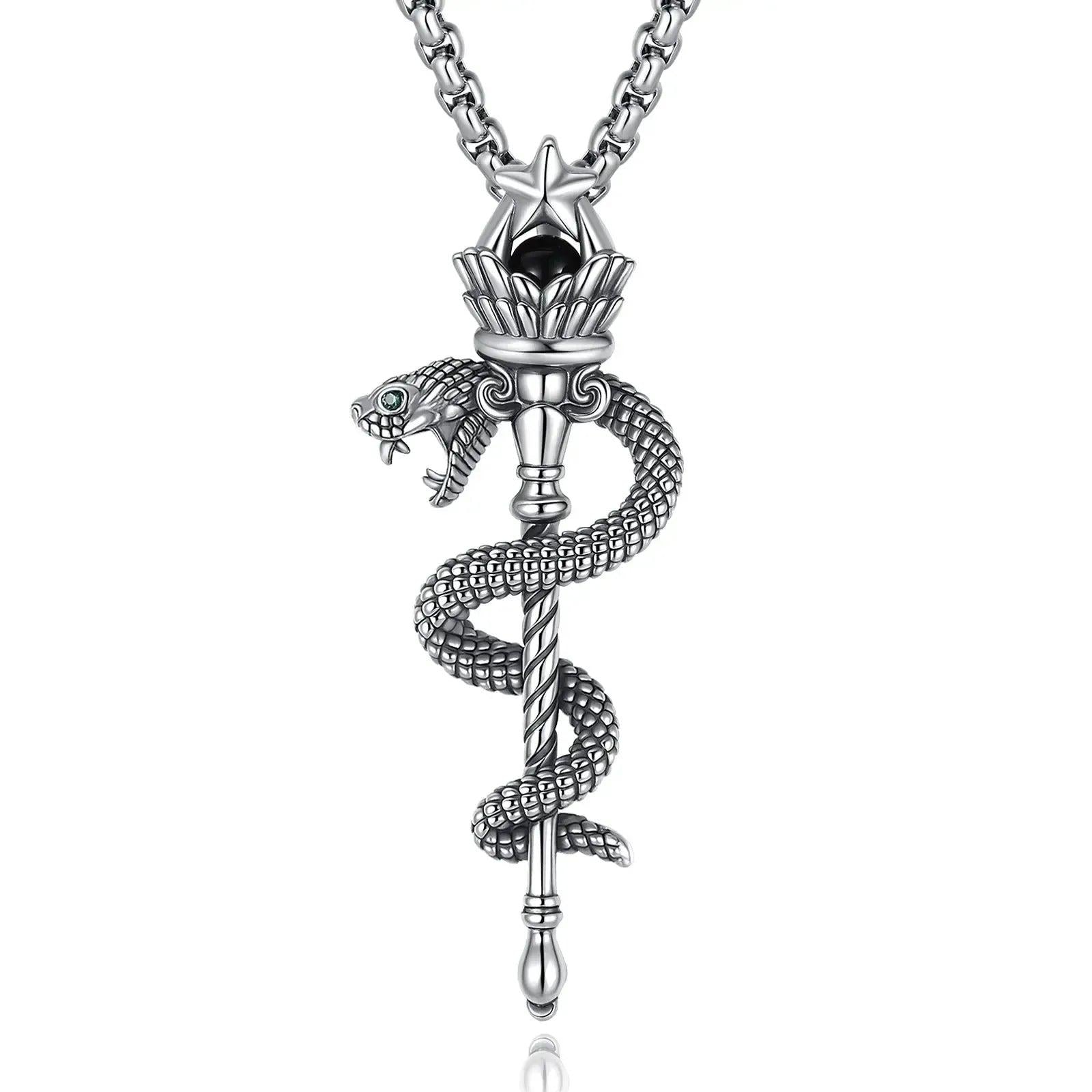 925 Silver Hecate Snake Torch Necklace Obsidian Pentagram Scepter Pendant Wicca Pagan Jewelry-MoonChildWorld