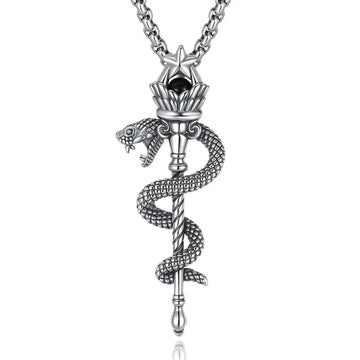 925 Silver Hecate Snake Torch Necklace Obsidian Pentagram Scepter Pendant Wicca Pagan Jewelry-MoonChildWorld