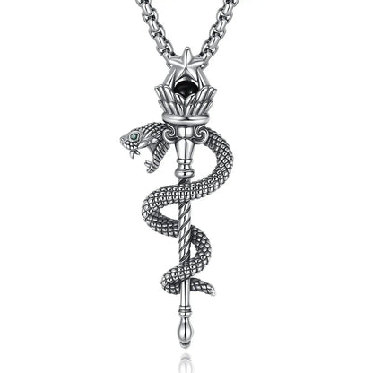 925 Silver Hecate Snake Torch Necklace Obsidian Pentagram Scepter Pendant Wicca Pagan Jewelry-MoonChildWorld