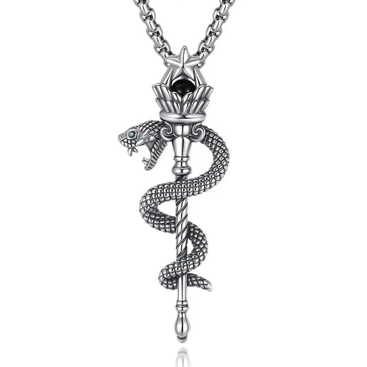 925 Silver Hecate Snake Torch Necklace Obsidian Pentagram Scepter Pendant Wicca Pagan Jewelry-MoonChildWorld