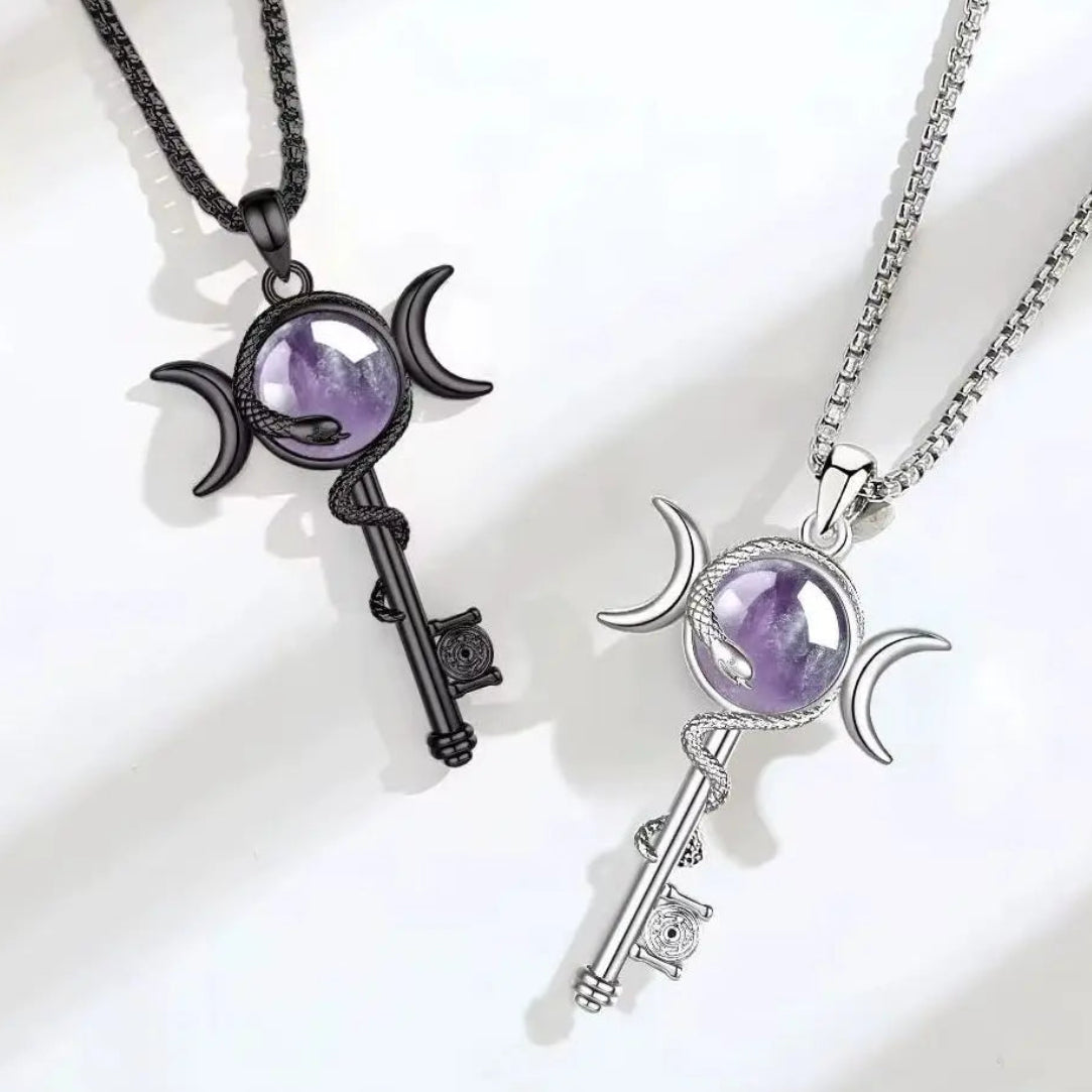 Hecate wheel key necklace – serpent and triple moon symbolism detail