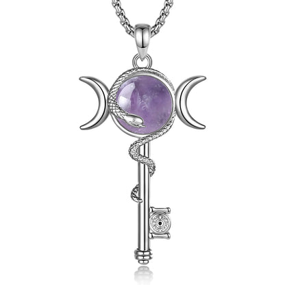 Hecate wheel key amethyst necklace worn – crossroads goddess pendant