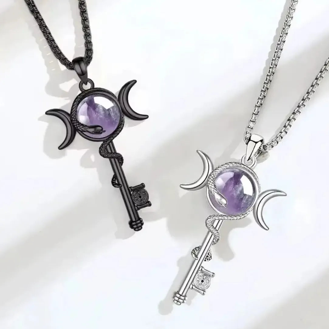 Hecate wheel key necklace – serpent and triple moon symbolism detail