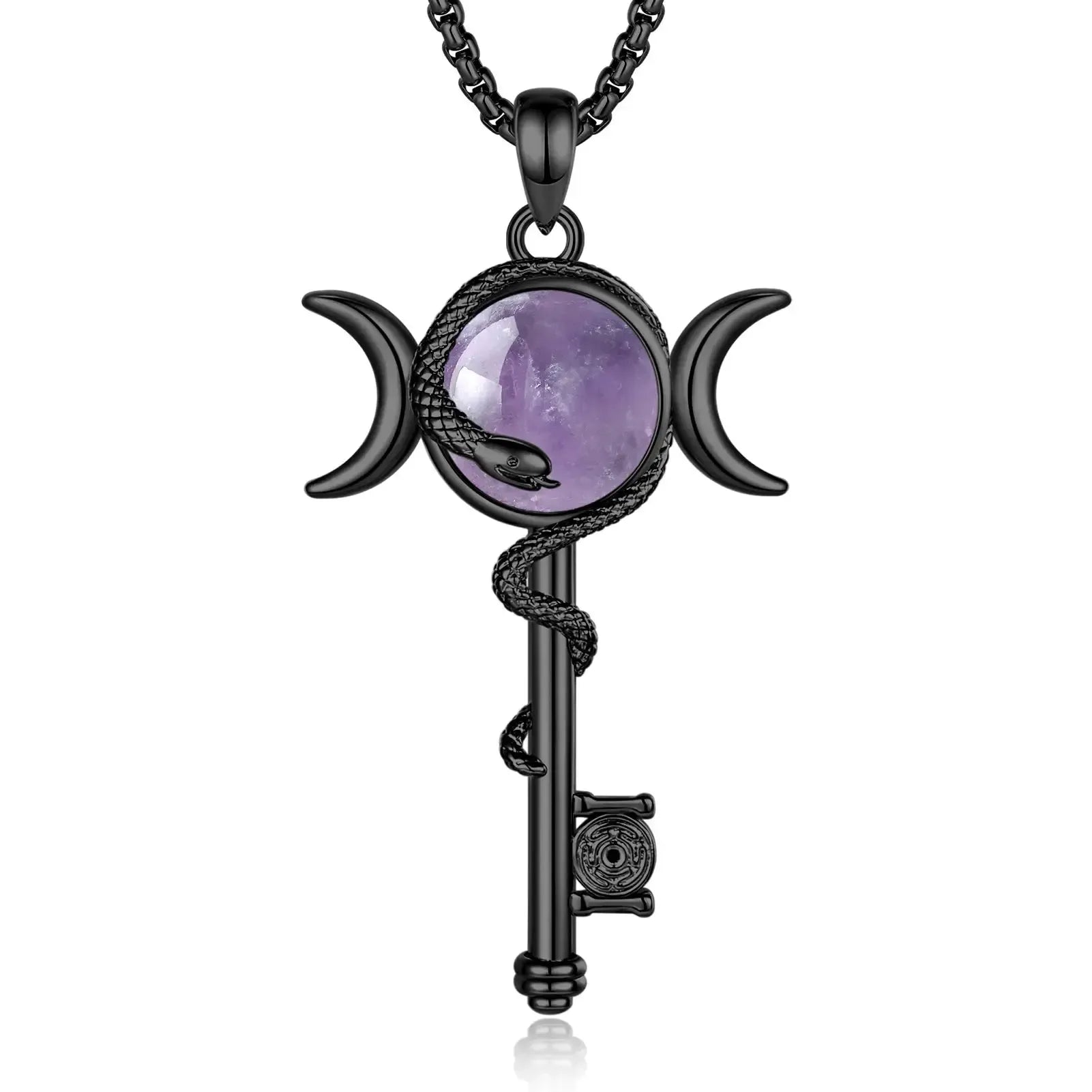 Hecate wheel key amethyst necklace – triple moon goddess wiccan amulet, front view