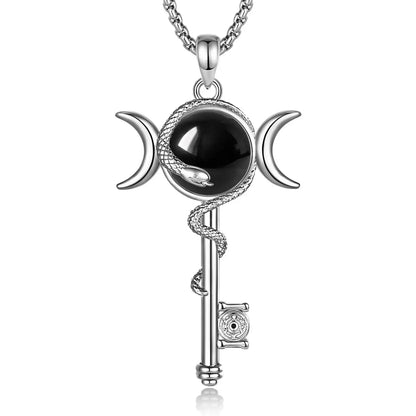 Hecate wheel key obsidian necklace – triple moon goddess witchcraft amulet, front view
