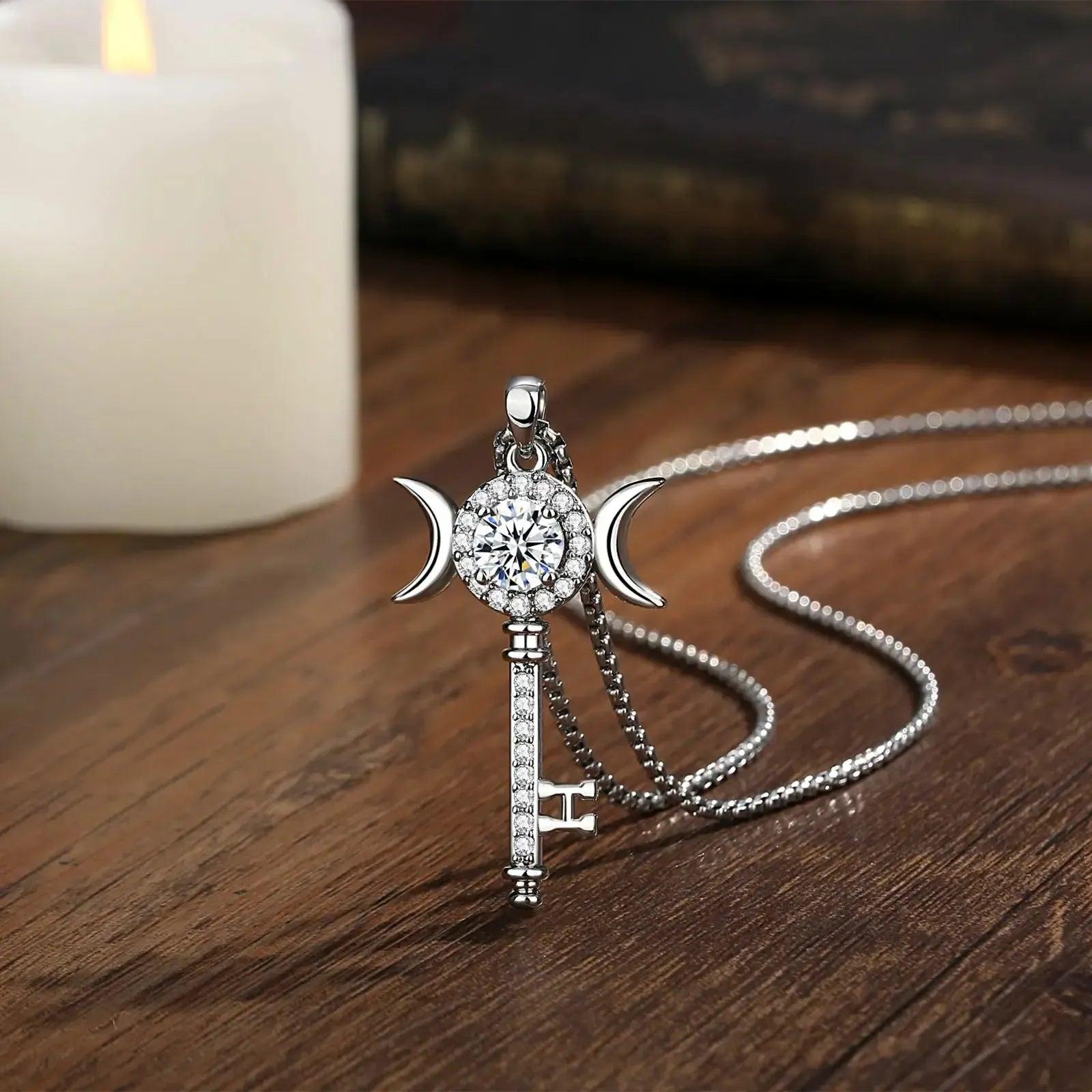 925 Silver Moissanite Hecate Key Necklace Triple Moon Goddess Necklace Wiccan Pagan jewelry-MoonChildWorld