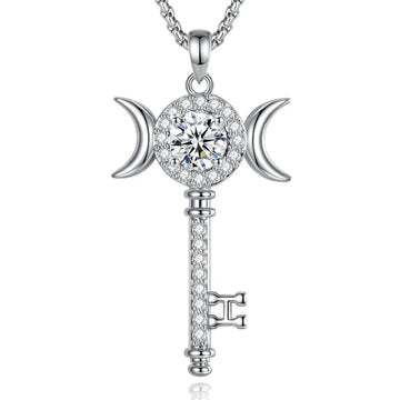 925 Silver Moissanite Hecate Key Necklace Triple Moon Goddess Necklace Wiccan Pagan jewelry-MoonChildWorld