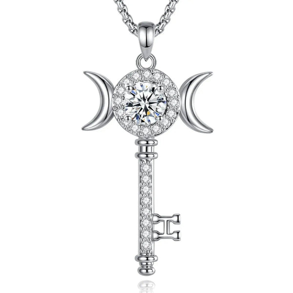 925 Silver Moissanite Hecate Key Necklace Triple Moon Goddess Necklace Wiccan Pagan jewelry-MoonChildWorld