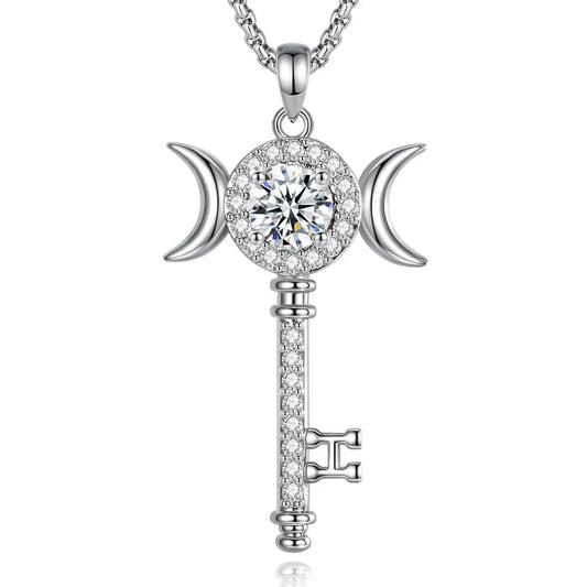925 Silver Moissanite Hecate Key Necklace Triple Moon Goddess Necklace Wiccan Pagan jewelry-MoonChildWorld
