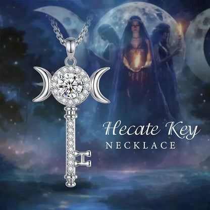 925 Silver Moissanite Hecate Key Necklace Triple Moon Necklace Wiccan Pagan jewelry-MoonChildWorld