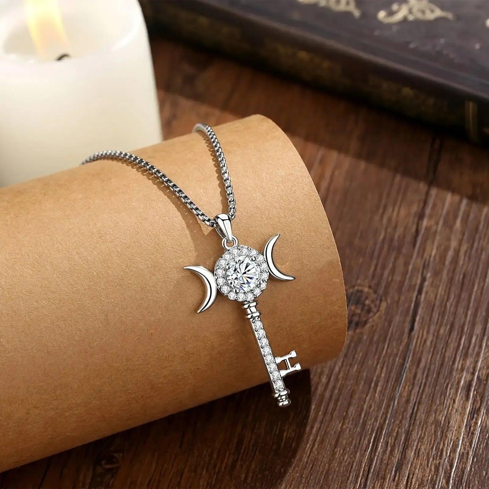 925 Silver Moissanite Hecate Key Necklace Triple Moon Necklace Wiccan Pagan jewelry-MoonChildWorld