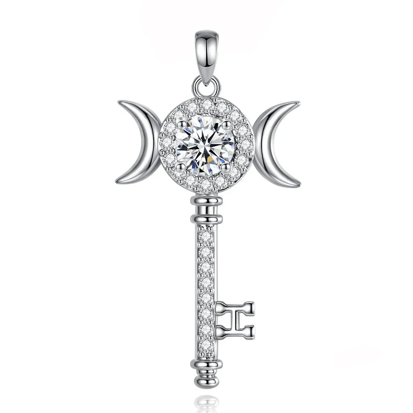 925 Silver Moissanite Hecate Key Necklace Triple Moon Necklace Wiccan Pagan jewelry-MoonChildWorld