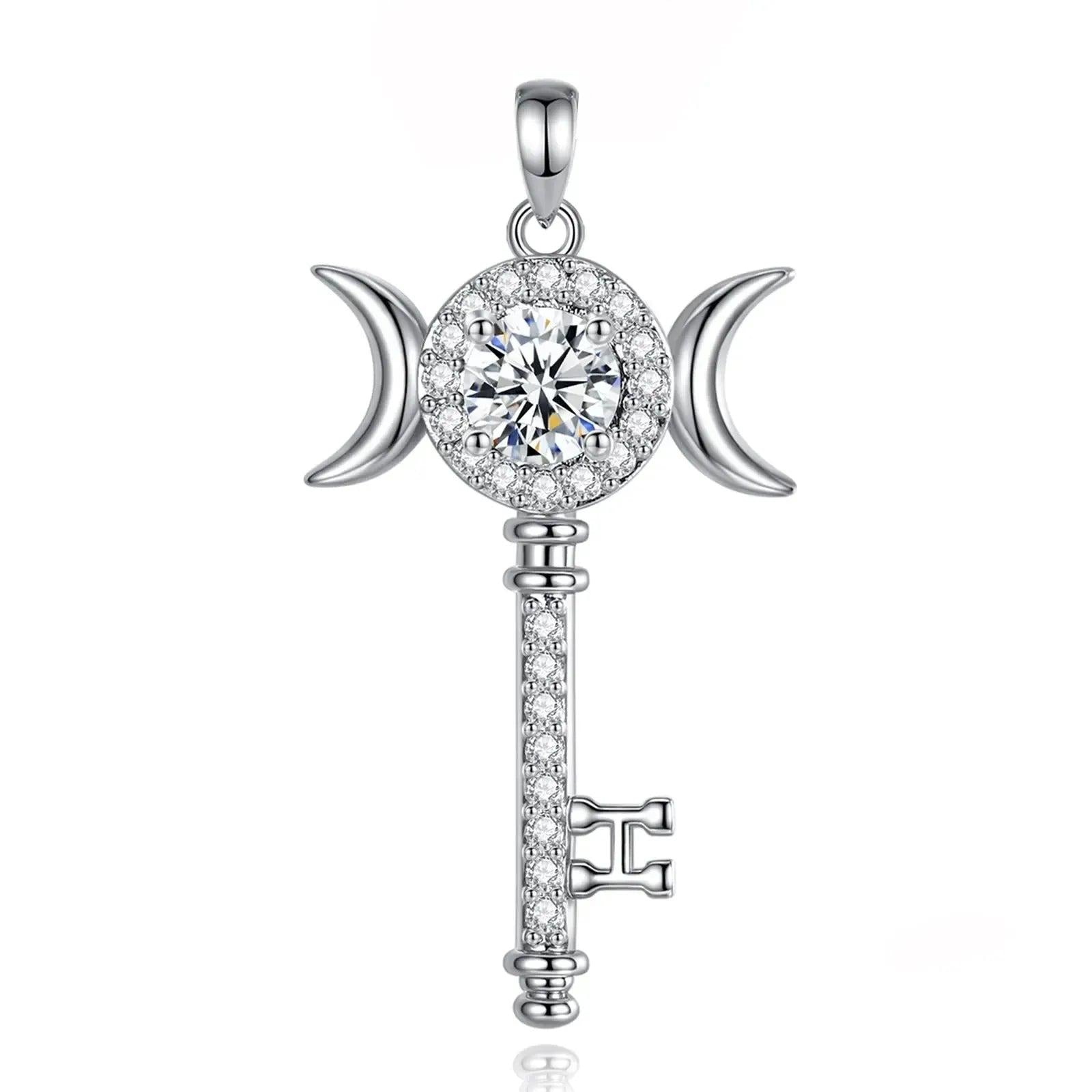 925 Silver Moissanite Hecate Key Necklace Triple Moon Necklace Wiccan Pagan jewelry-MoonChildWorld