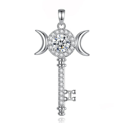 925 Silver Moissanite Hecate Key Necklace Triple Moon Necklace Wiccan Pagan jewelry-MoonChildWorld