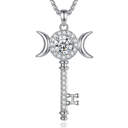 925 Silver Moissanite Hecate Key Necklace Triple Moon Necklace Wiccan Pagan jewelry-MoonChildWorld