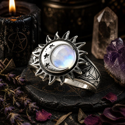 925 Silver Moonstone Bohemian Star Sun Moon Ring Celestial Jewelry for Wiccan Pagan-MoonChildWorld