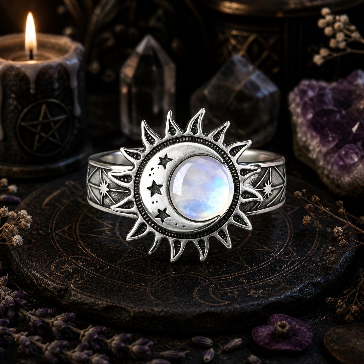 925 Silver Moonstone Bohemian Star Sun Moon Ring Celestial Jewelry for Wiccan Pagan-MoonChildWorld