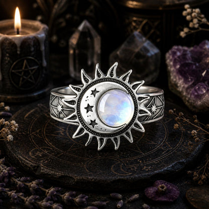 925 Silver Moonstone Bohemian Star Sun Moon Ring Celestial Jewelry for Wiccan Pagan-MoonChildWorld