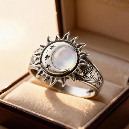 925 Silver Moonstone Bohemian Star Sun Moon Ring Celestial Jewelry for Wiccan Pagan-MoonChildWorld