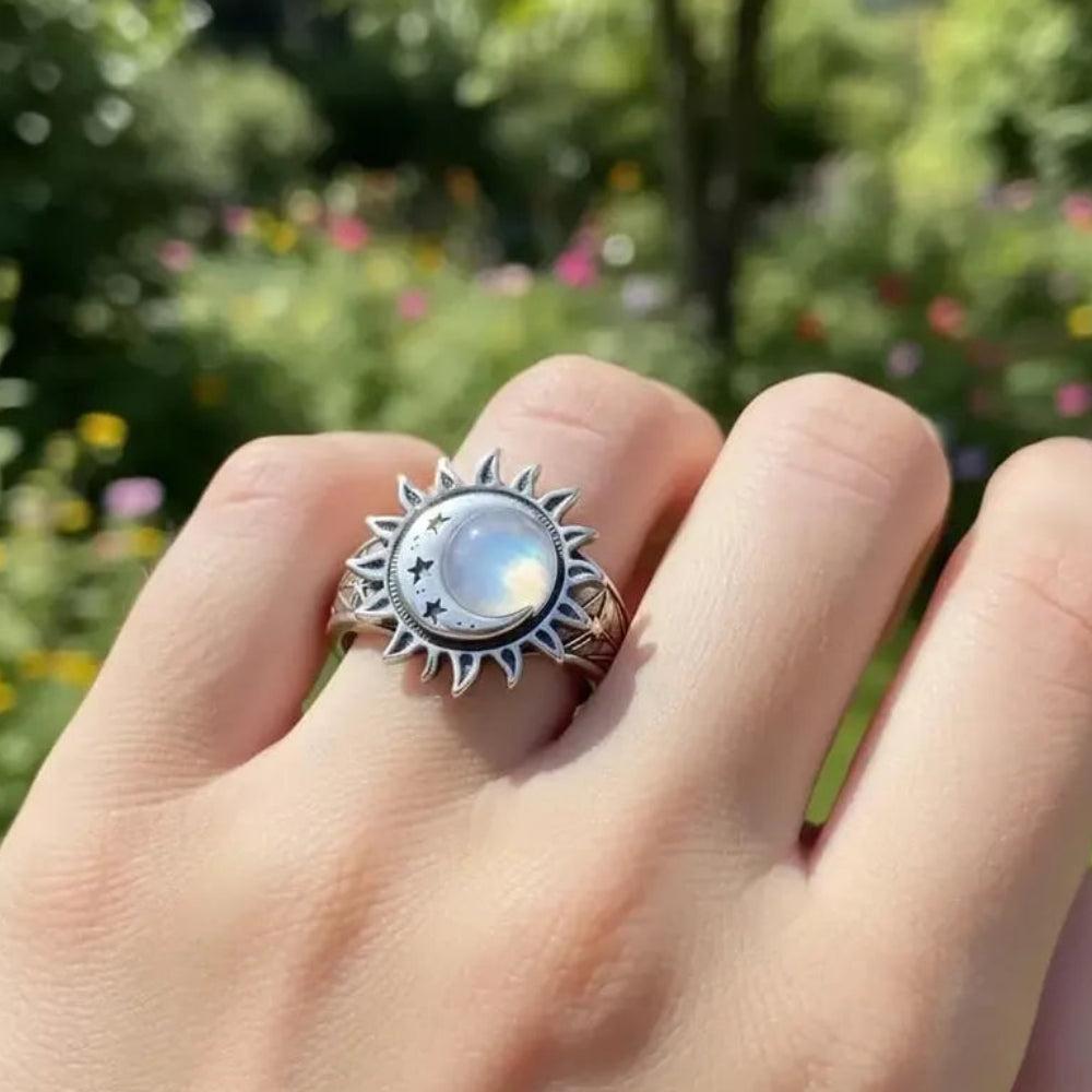 925 Silver Moonstone Bohemian Star Sun Moon Ring Celestial Jewelry for Wiccan Pagan-MoonChildWorld
