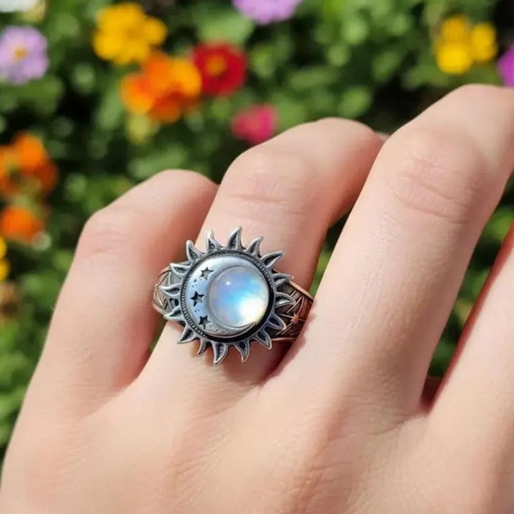 925 Silver Moonstone Bohemian Star Sun Moon Ring Celestial Jewelry for Wiccan Pagan-MoonChildWorld