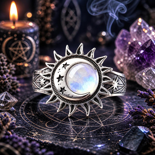 925 Silver Moonstone Bohemian Star Sun Moon Ring Celestial Jewelry for Wiccan Pagan-MoonChildWorld