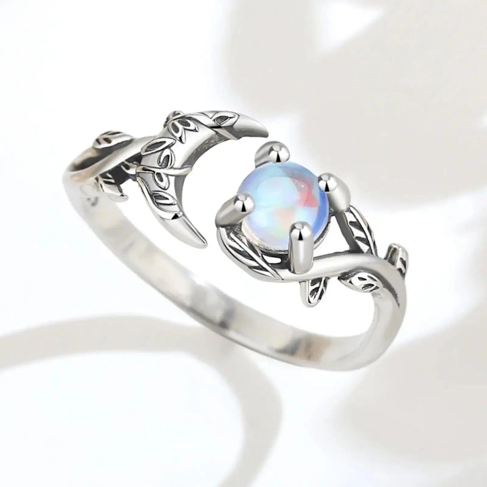 925 Silver Moonstone Celtic Crescent Moon Ring Witchy Jewelry-MoonChildWorld