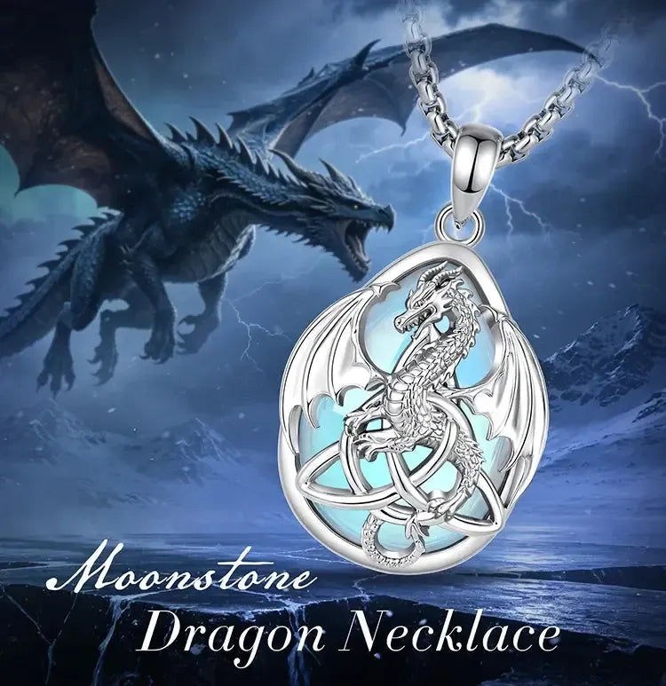 Moonstone dragon necklace displayed against a fantasy dragon and moon background