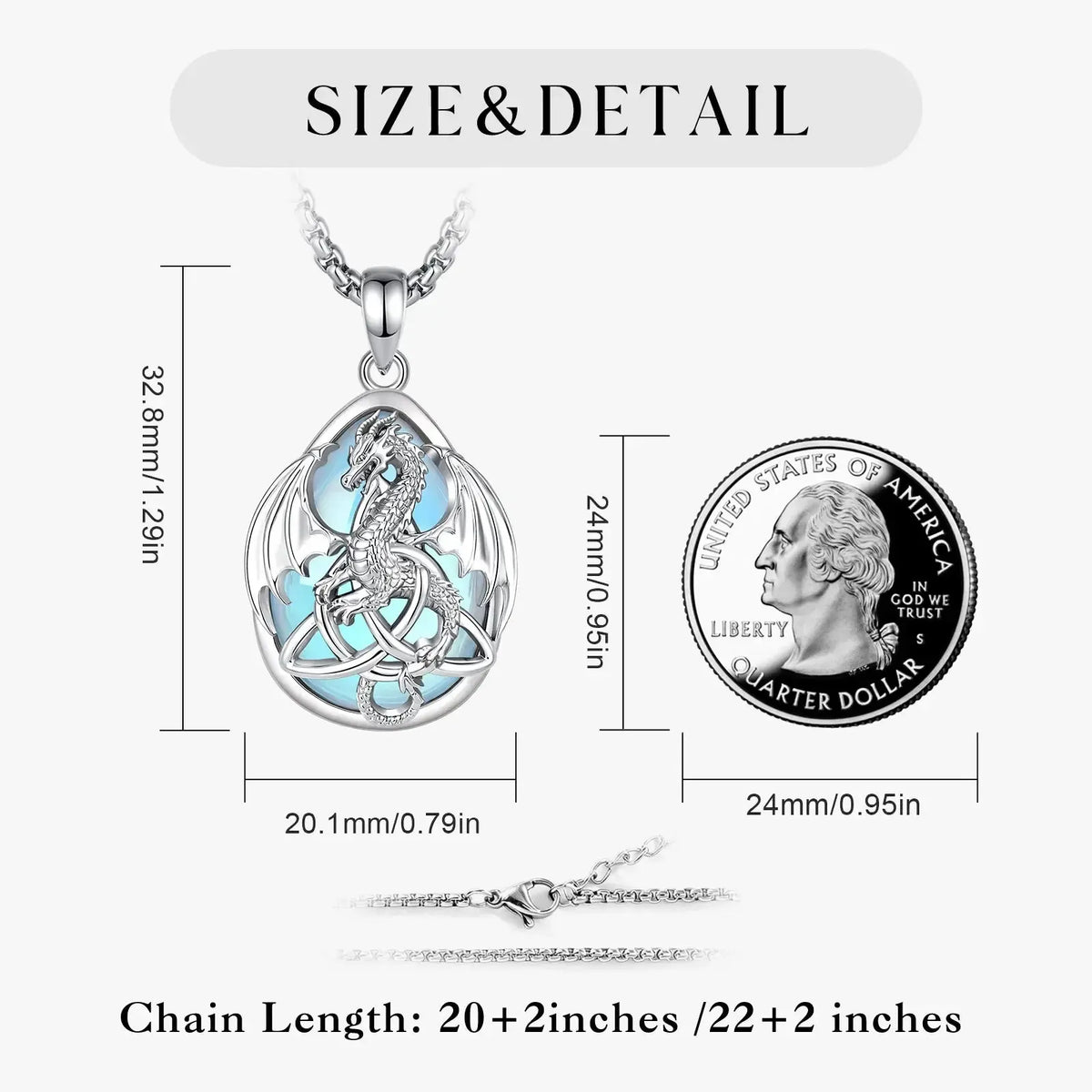 Moonstone dragon pendant size chart with dimensions, coin comparison and chain lengths