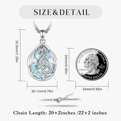 Moonstone dragon pendant size chart with dimensions, coin comparison and chain lengths