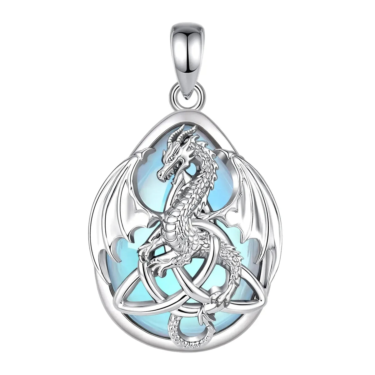 Moonstone dragon pendant without chain showing wings, pale stone and Celtic knotwork